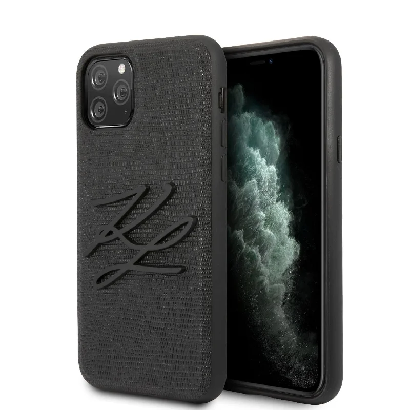 iPhone 11 Pro Max - PU Leather Black Lizard Pattern Autograph Logo - Karl Lagerfeld