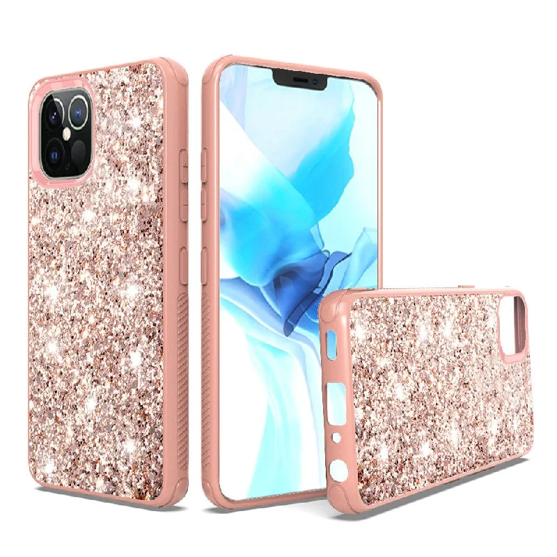 For iPhone 12/Pro (6.1 Only) Sparkle Glitter Bling Shinny Hybird Case Cover - Rose Gold